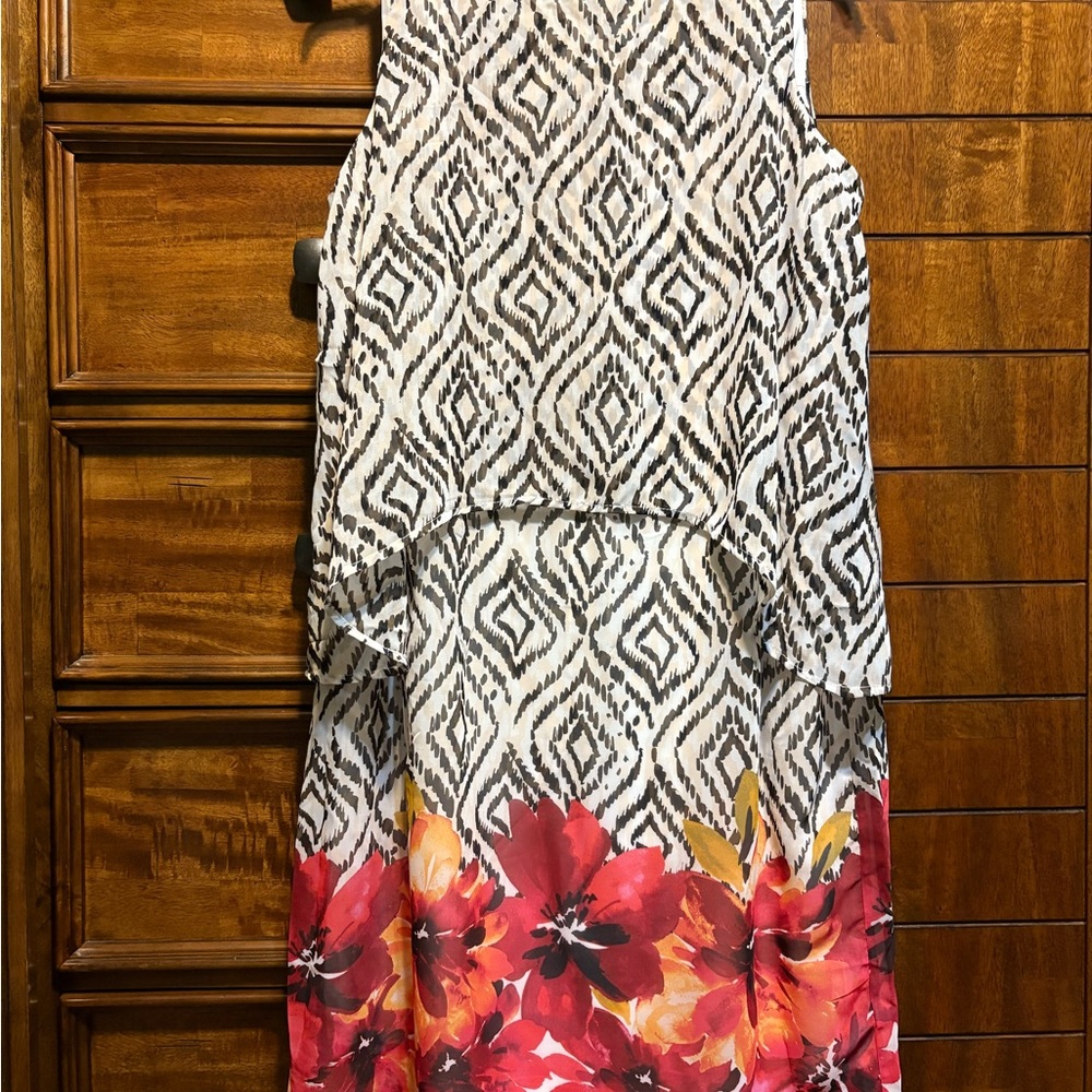 Cato Black and White Geometric Popover Dress with Red Floral Accents